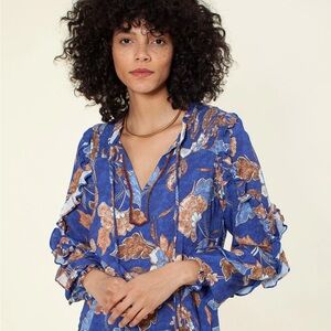 Hale Bob Medium Blue Brown Floral Tie Front Smock Ruffle Blouse